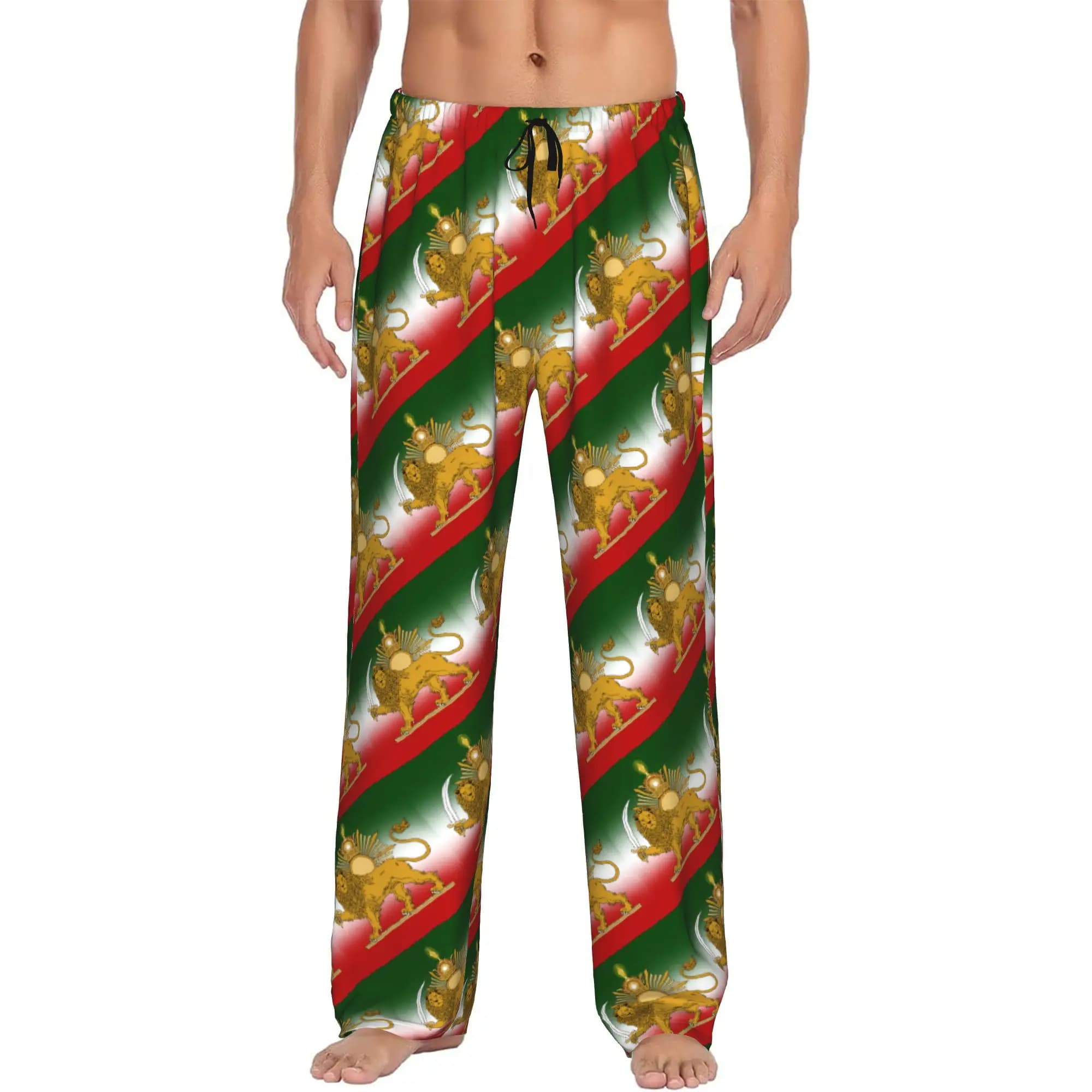 Pantaloni da pigiama personalizzati da uomo con stampa della bandiera iraniana e leone persiano alato, con tasche.