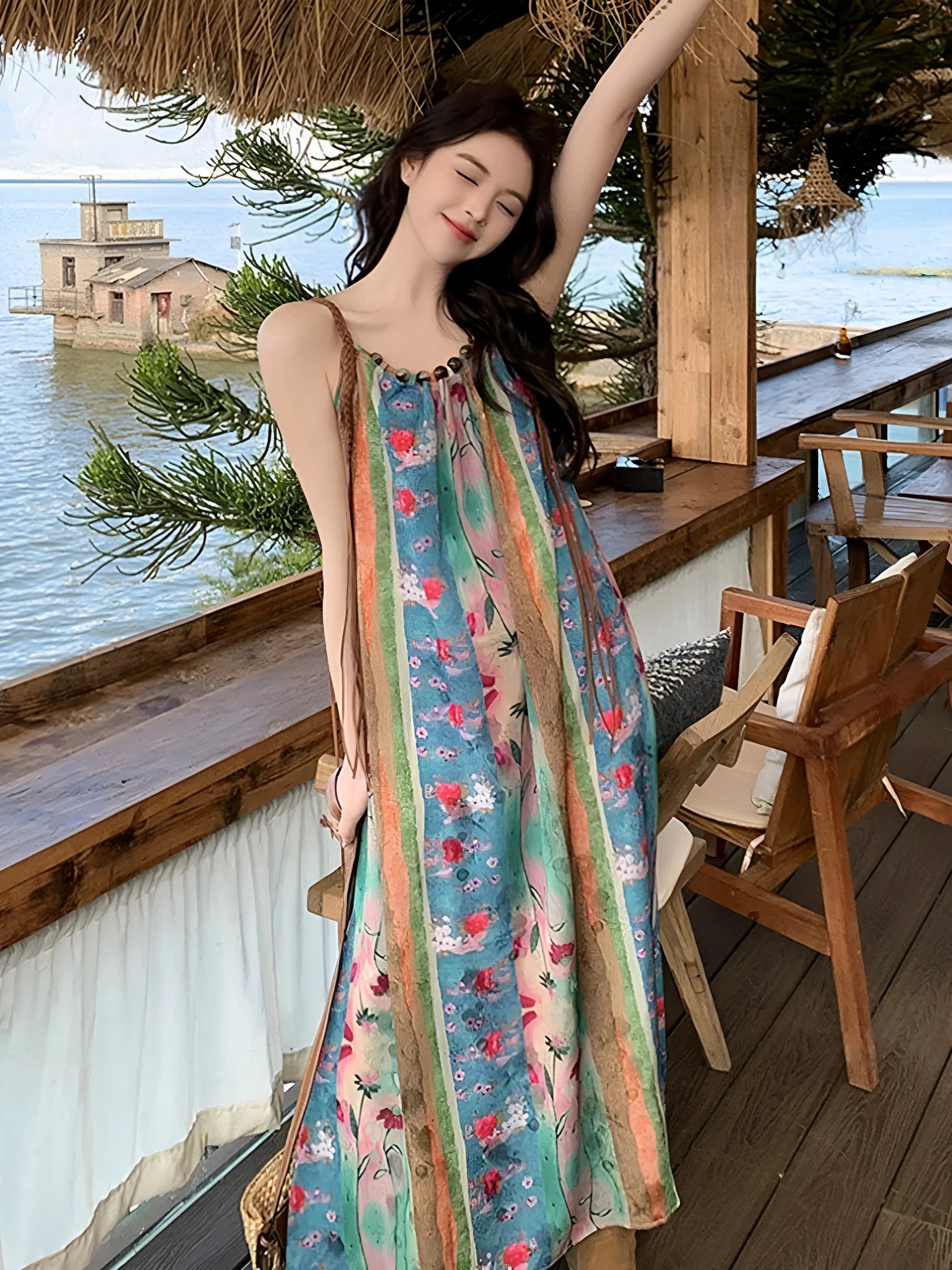 Abito Lungo Estivo Stile Vacanza Vintage con Spalline, Bellissima Gonna Floreale da Fiaba, Vestito da Spiaggia Floreale Ampio da Donna