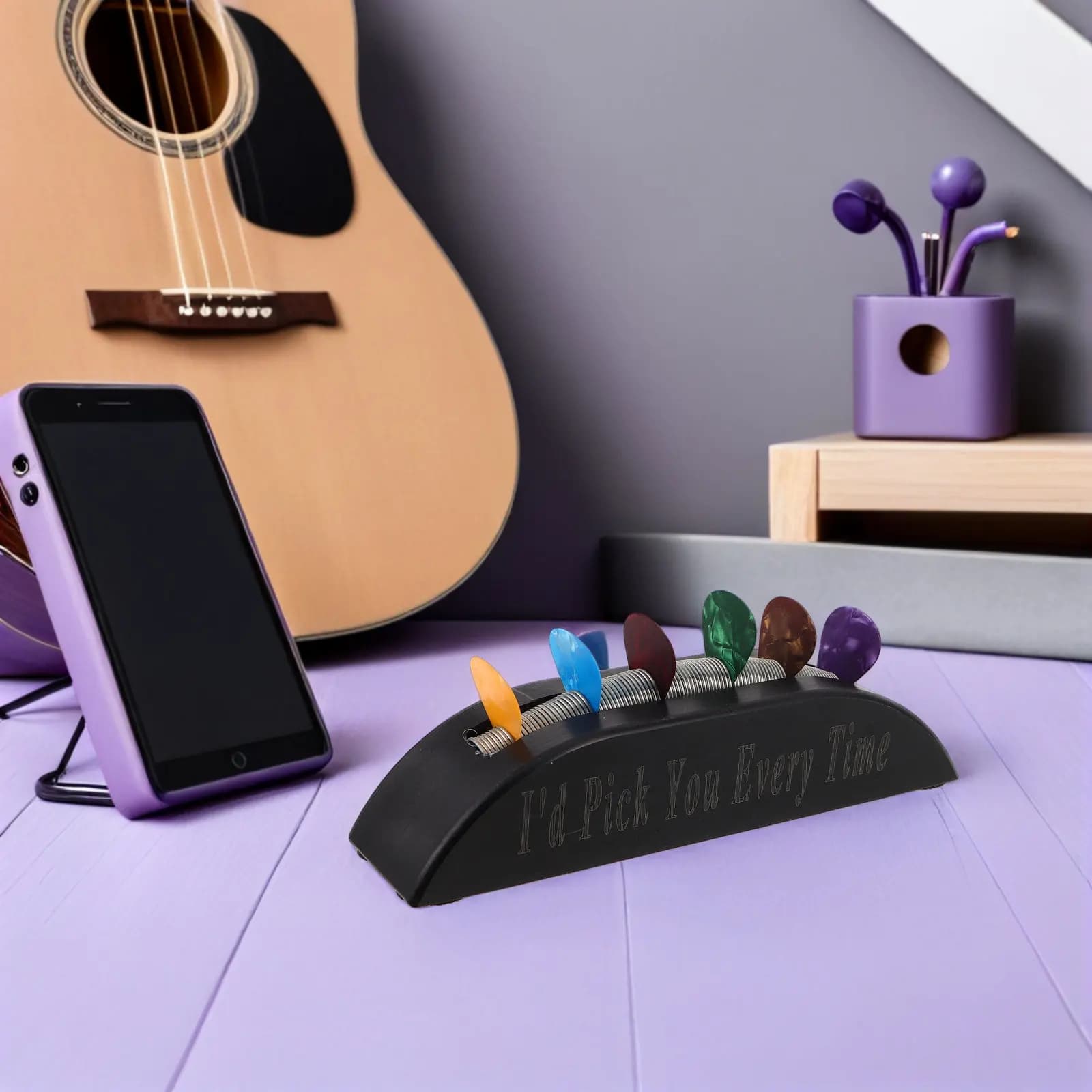 Porta Plettri per Chitarra Nero in PVC, Design Vintage, con Morsetto a Molla, Custodia Sicura per Plettri di Chitarra Acustica, Elettrica e Basso