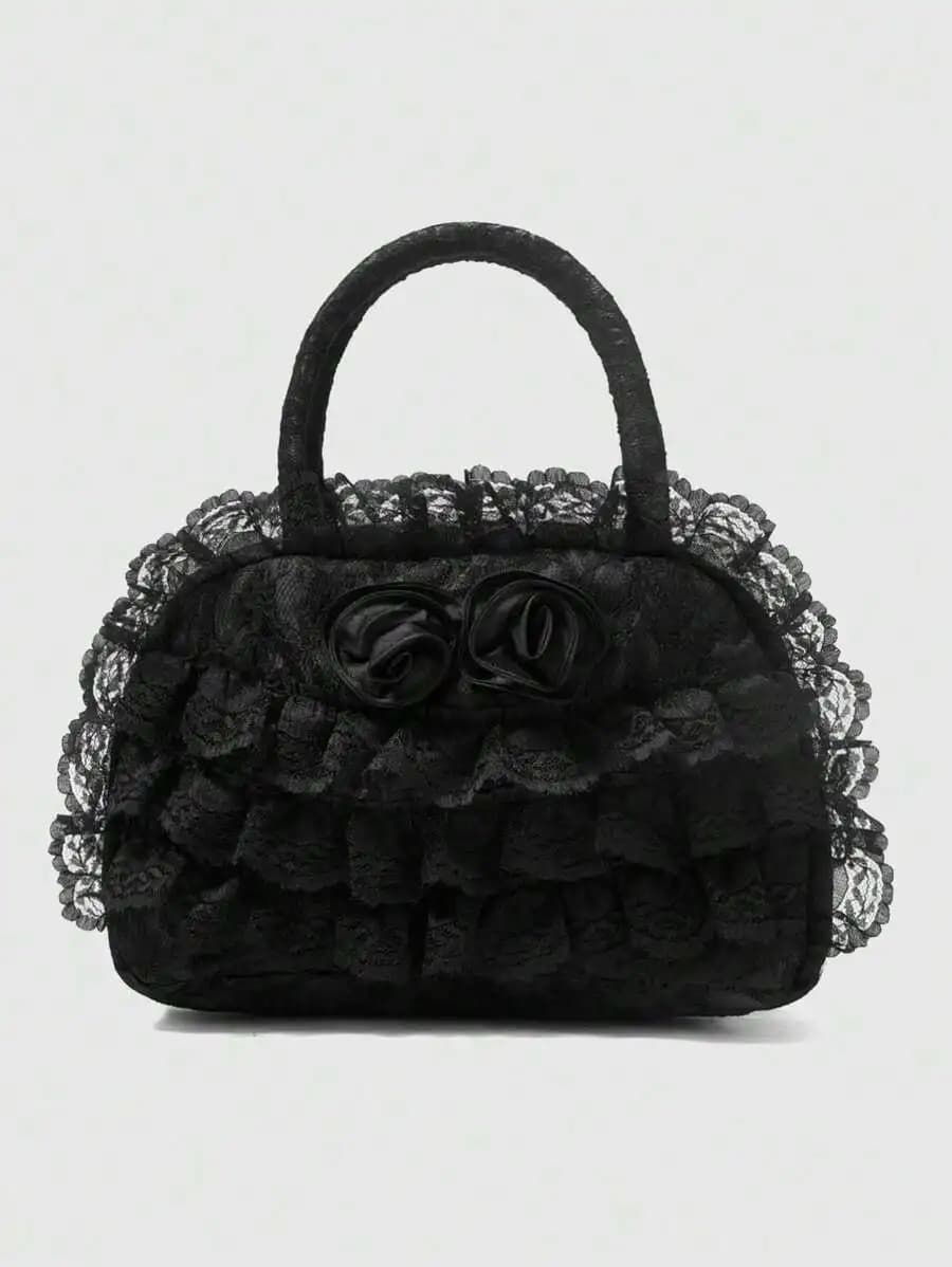Borsa nera alla moda con patchwork in pizzo tinta unita ROMWE Goth, adatta per pendolarismo e viaggi