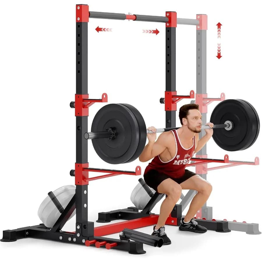 Shark grill with adjustable pull-up bar and extended security arms, multifunctional Power rack Support for squat for home gym, garage and B