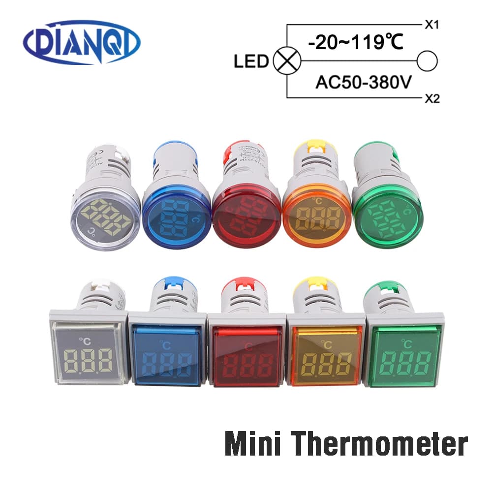 Mini digital thermometer 22 mm -20-119 degrees Celsius 50-380 V AC Blue Red White Yellow Green Pilot Light Temperature Meter