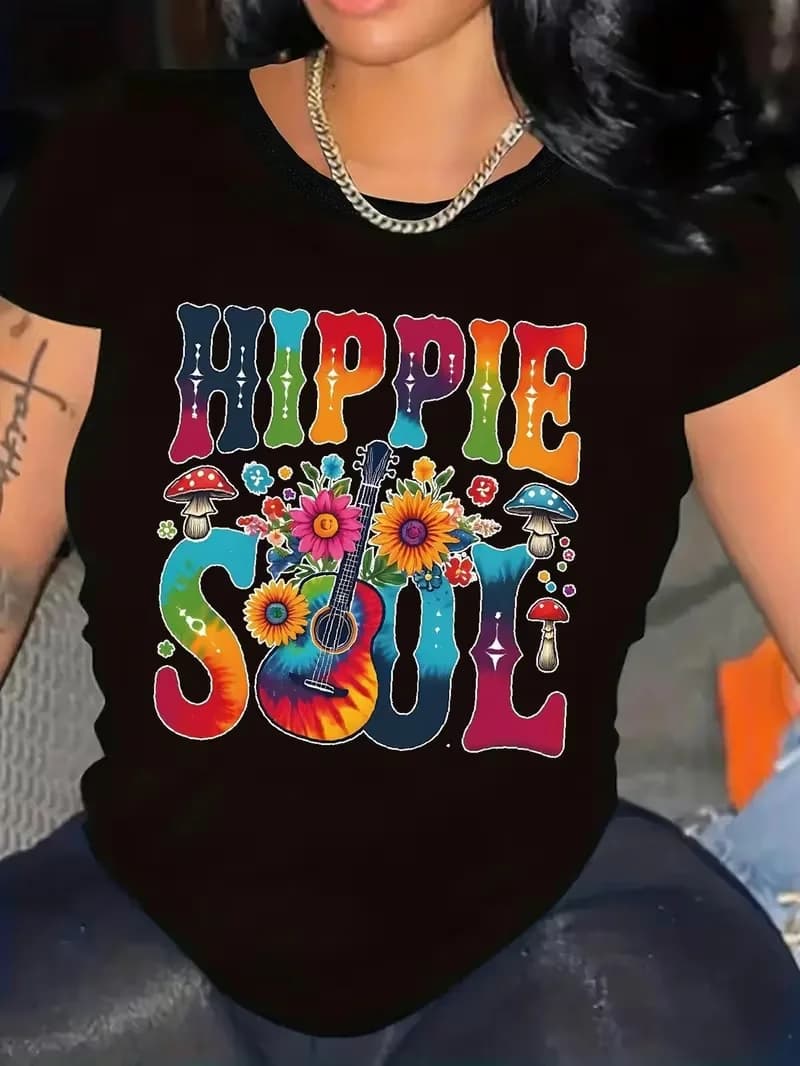 Women's Retro Hippie Style T-Shirt - Psychedelic Flower Mushroom Peace Sign Vintage Short Sleeve Blouse