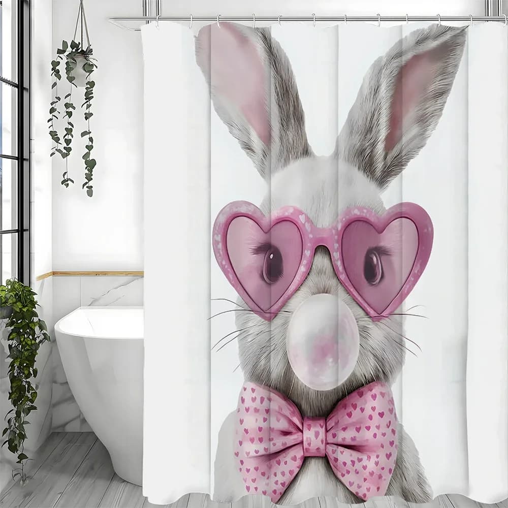 Tenda da doccia cool coniglietto carino, tenda da doccia decorativa per bagno con fiocco a bolle di occhi rosa, tenda da doccia impermeabile con ganci