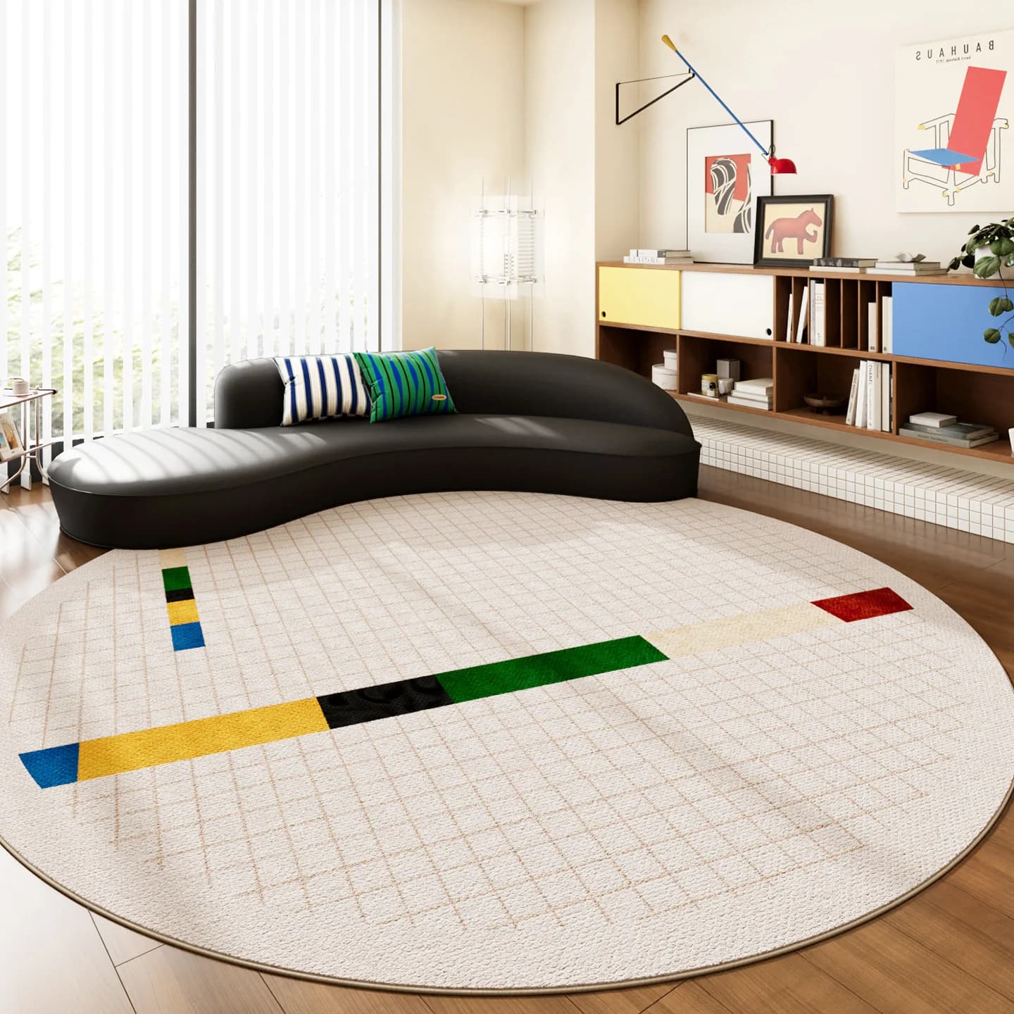 Abstract Linear Round Carpet Colorful Accent For Lounge Dining Room Home Floor Soft Rug Pad