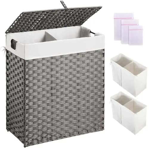 Cesto Portabiancheria Greenstell con 2 Sacchi Rimovibili - Cesto per Vestiti da 90L con Scomparti, in Rattan Sintetico Intrecciato a Mano, Pieghevole