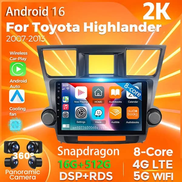 Android 16 Qualcomm For Toyota Highlander 2007 - 2015 Car Radio Player Multimedia GPS Navigation Stereo CarPlay Auto Video DVD