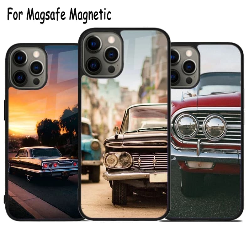 Custodia per telefono con design vintage per amanti delle auto, compatibile con iPhone 17 Air 15 16 16e 14 13 11 12 Pro Max Plus, cover magnetica MagSafe con paraurti