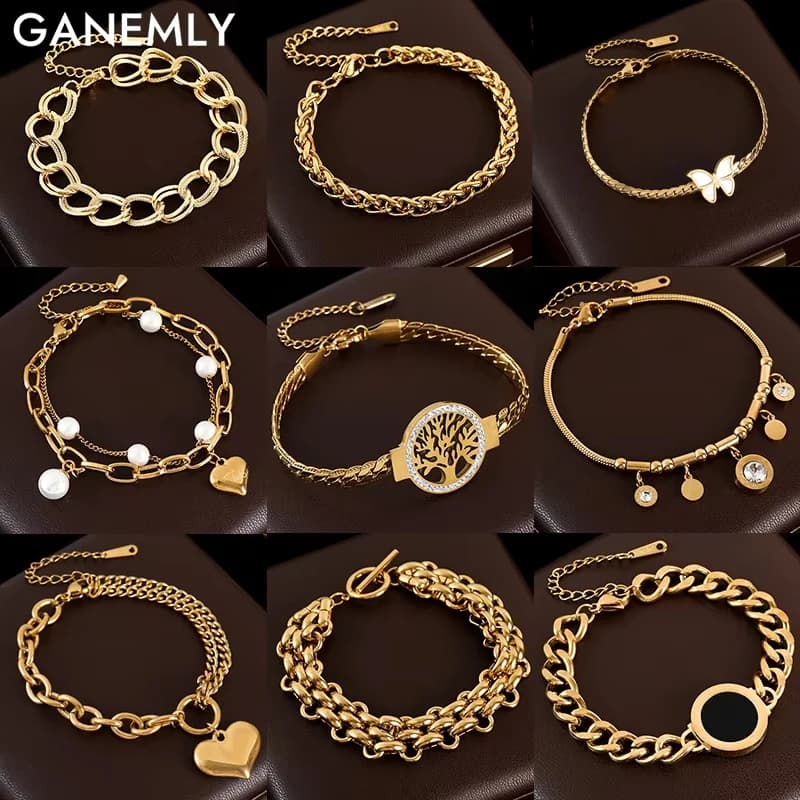 GANEMLY Bracciale con ciondolo color oro in acciaio inossidabile 316L per le donne Moda trendy catena da polso gioielli regalo partito pulsaras mujer
