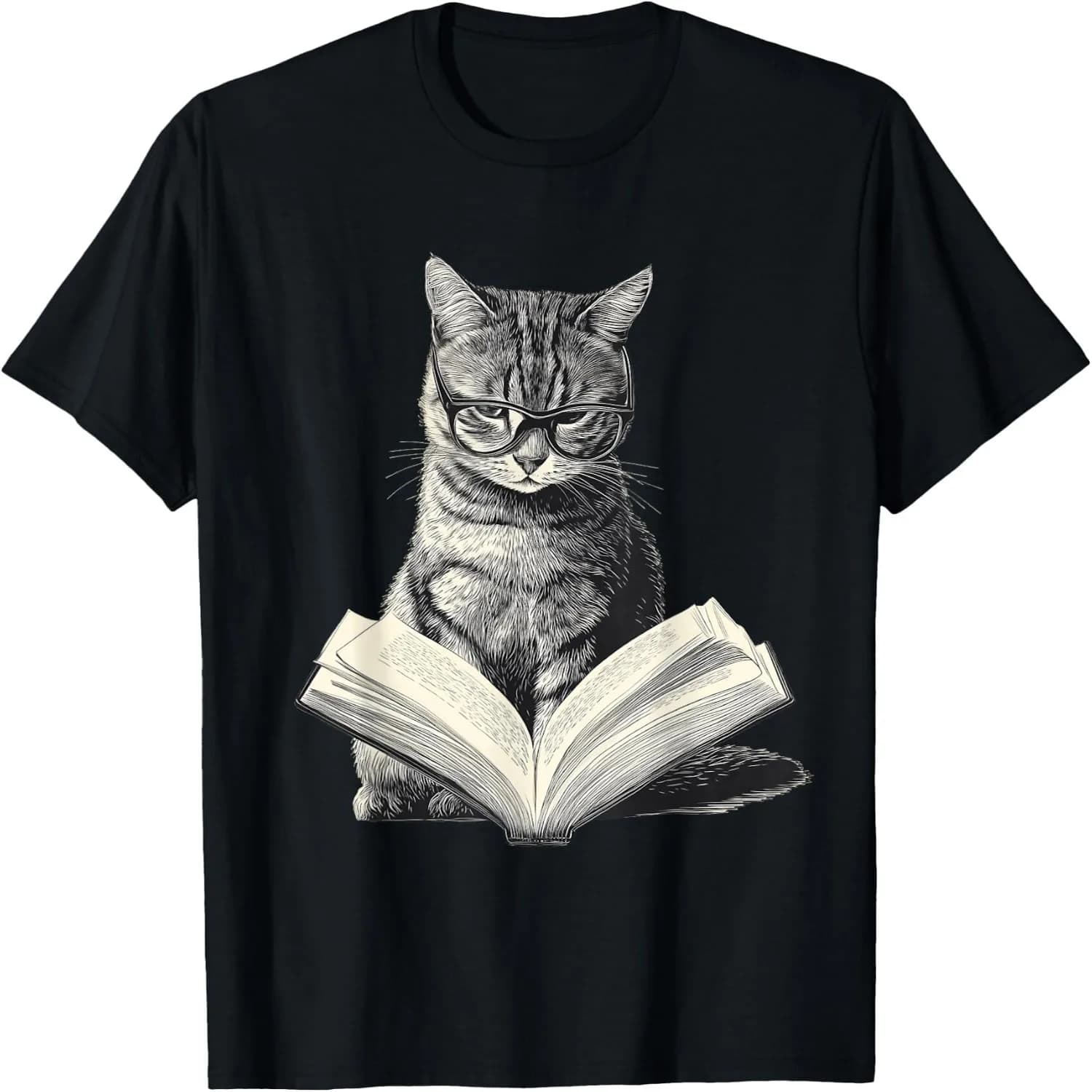 Bookish Cat With Glasses Reading Book Vintage Sketch Graphic T-Shirt