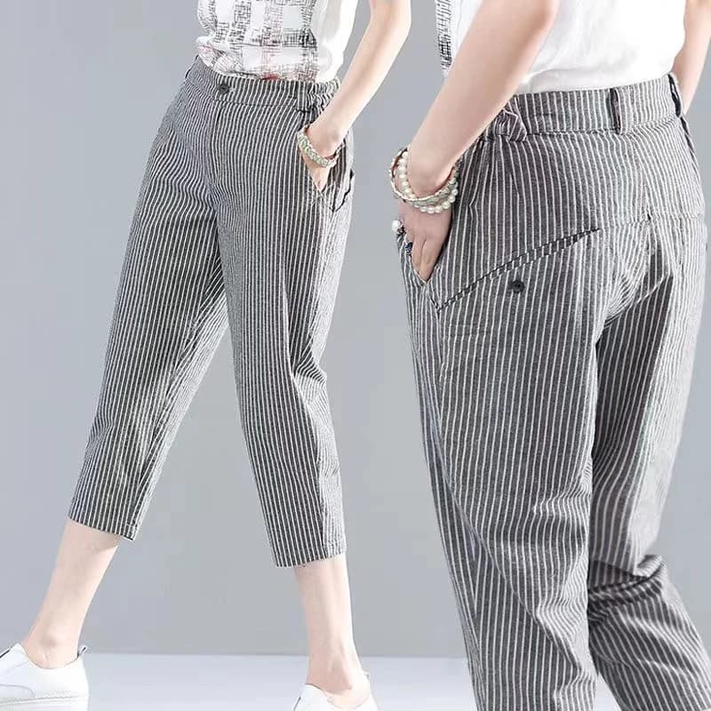 Pantaloni Casual in Cotone e Lino a Tre Quarti da Donna, Stile Harlan Estivo, Pantaloni a Vita Alta con Tasche, Stile Commuter