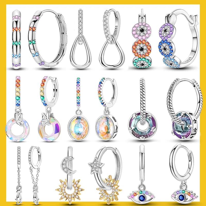 925 Silver Hoop Earring Sun Star Heart Shape Original Zirconia Hoops Earrings Jewelry for Women Girls