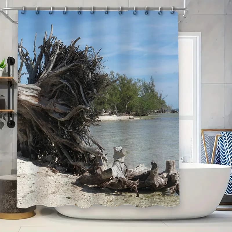 Tenda da doccia in legno da spiaggia, decorazione per il bagno impermeabile, cielo blu, tronco dell'albero, stampa, pannelli doccia in tessuto, decorazione per vasca da bagno