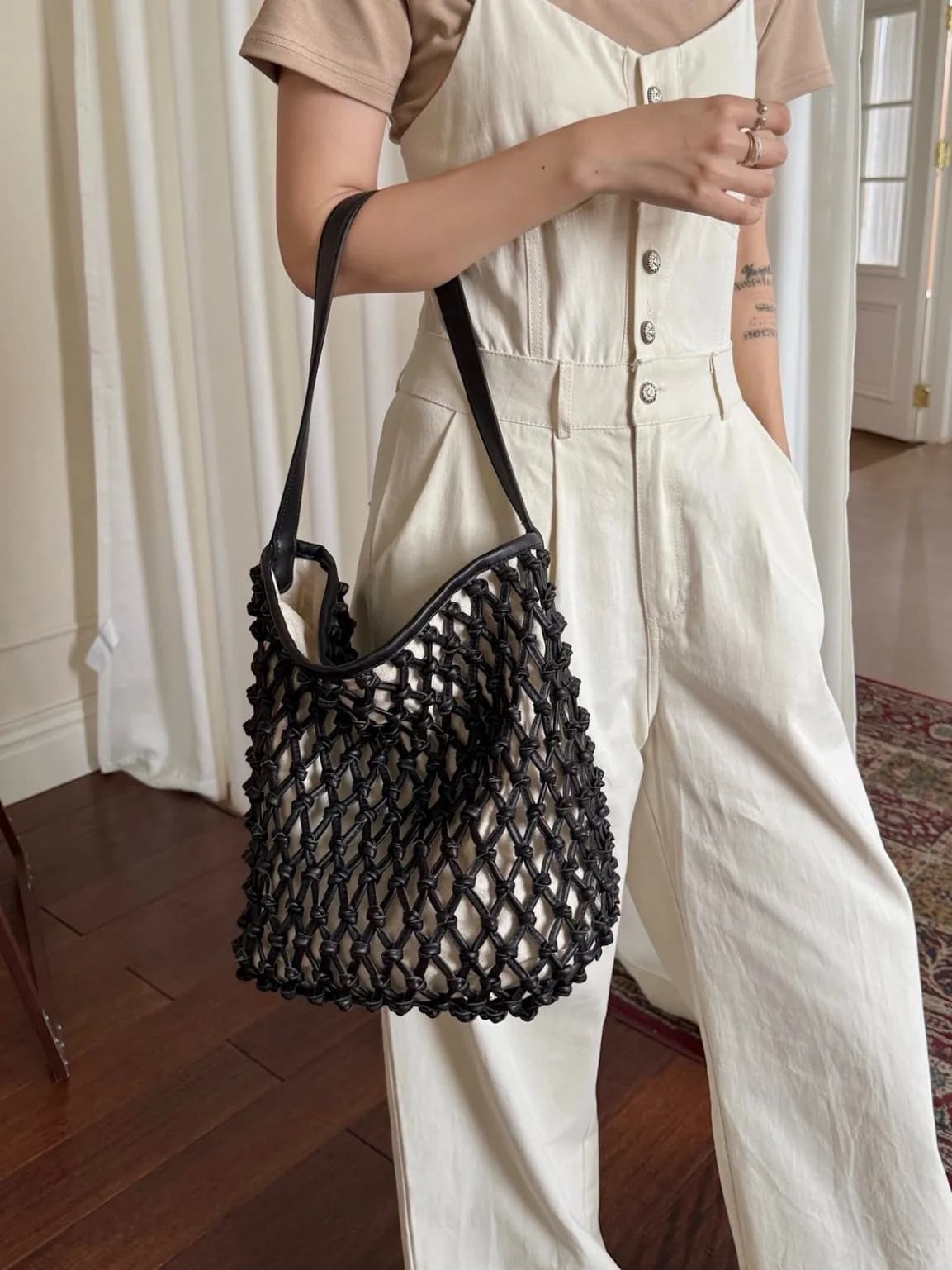 FIRMRANCH Pendolarismo Versatile stile pigro Lavorato a mano Scavato Rete da pesca Design Borsa a tracolla singola da donna Tote a secchiello