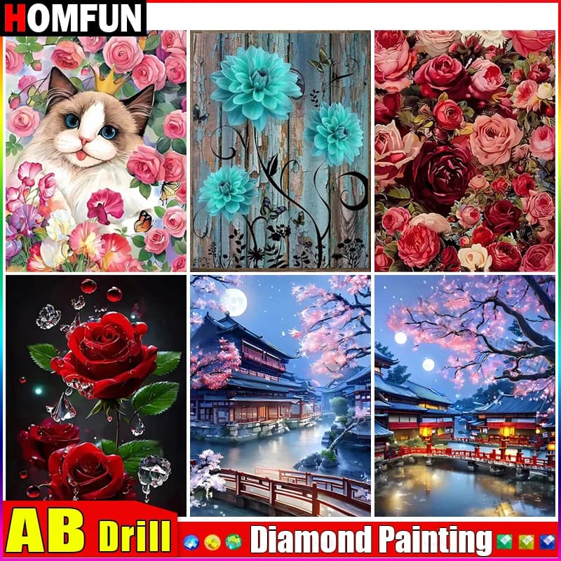 HOMFUN AB "Paesaggio Fiore Albero Gatto" Pittura Diamante 5D Pieno Quadrato/Rotondo Trapano Decorazioni Per La Casa Diamante FAI DA TE Ricamo Punto Croce