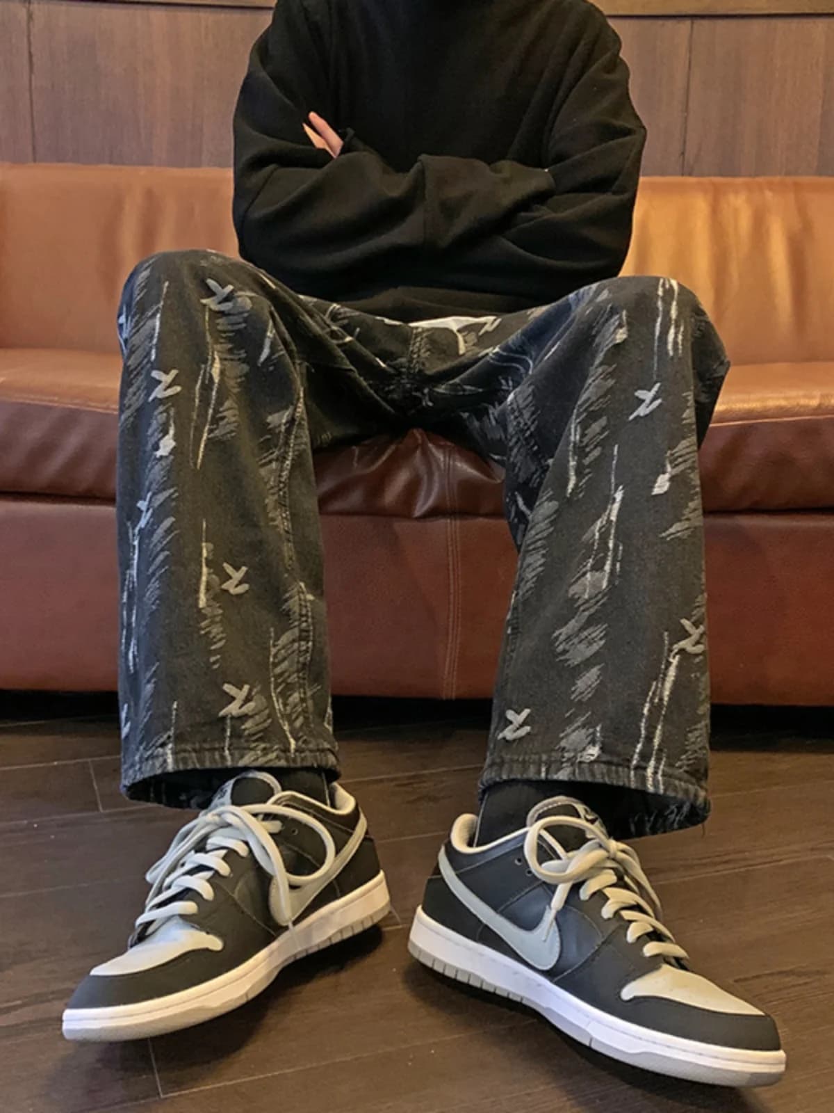 Men's Spring/Autumn Jeans in Gamba Dritta, Large fit, Vintage INS Trendy Hong Kong Style, in Denim Ricamato, Casual, Youth Fashion