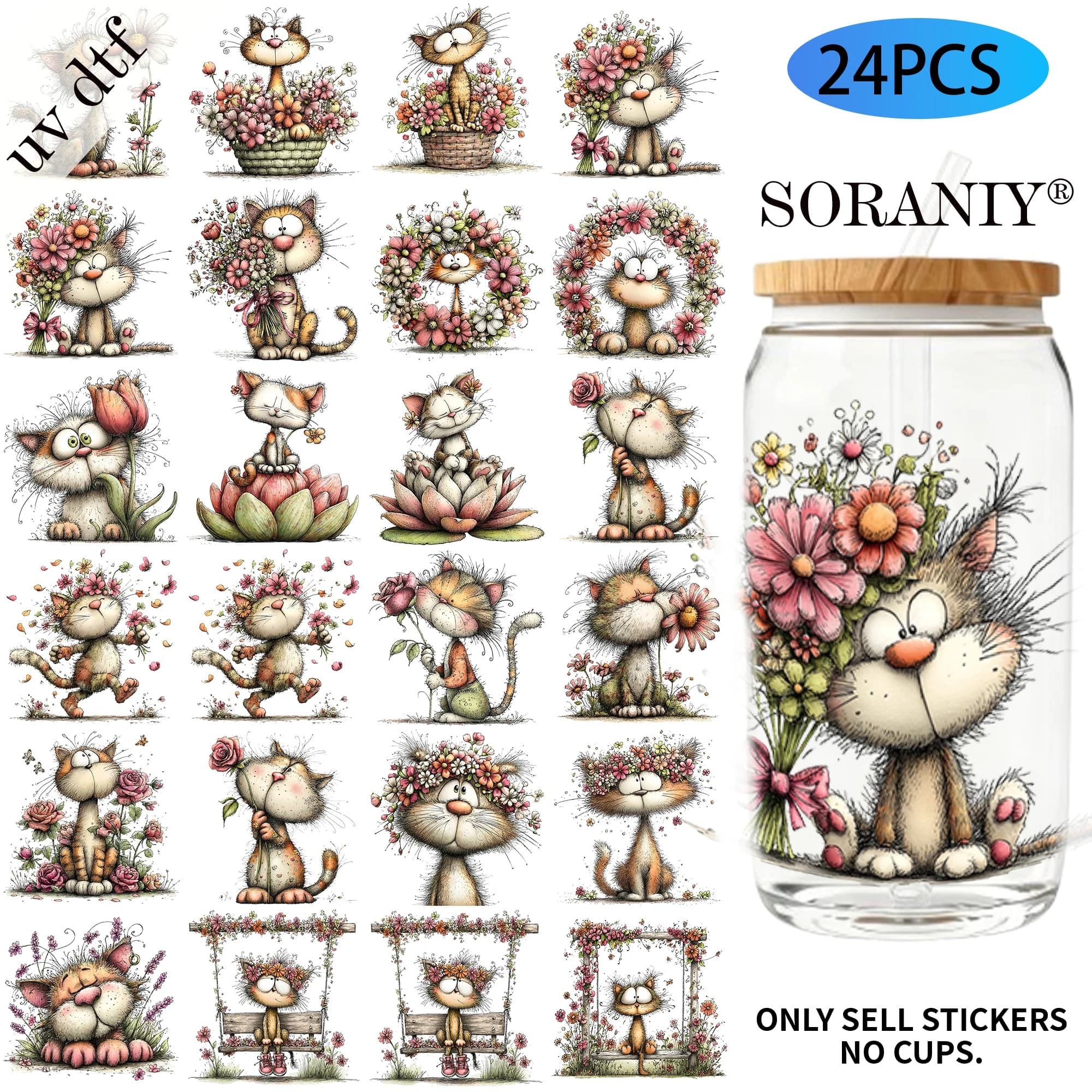24PCS/Set Whimsical Floral Cat Seal Themed UV DTF 16OZ DIY Transfer Paper Set Used For 16oz Water Bottles Glass BottlesDIY Stick