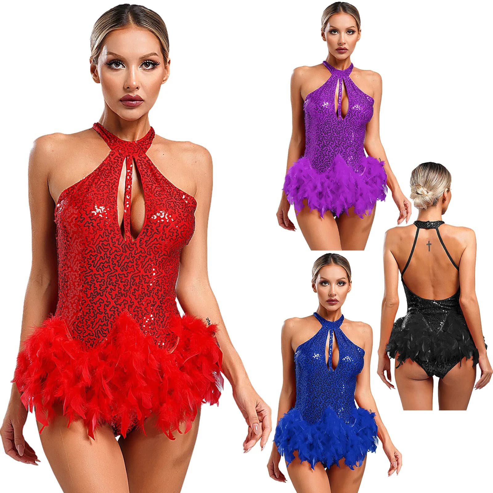 Paillettes da donna Latin Jazz Dance tuta da pattinaggio artistico Halter senza maniche body con piume senza schienale Cha-Cha Tango Samba Dancewear
