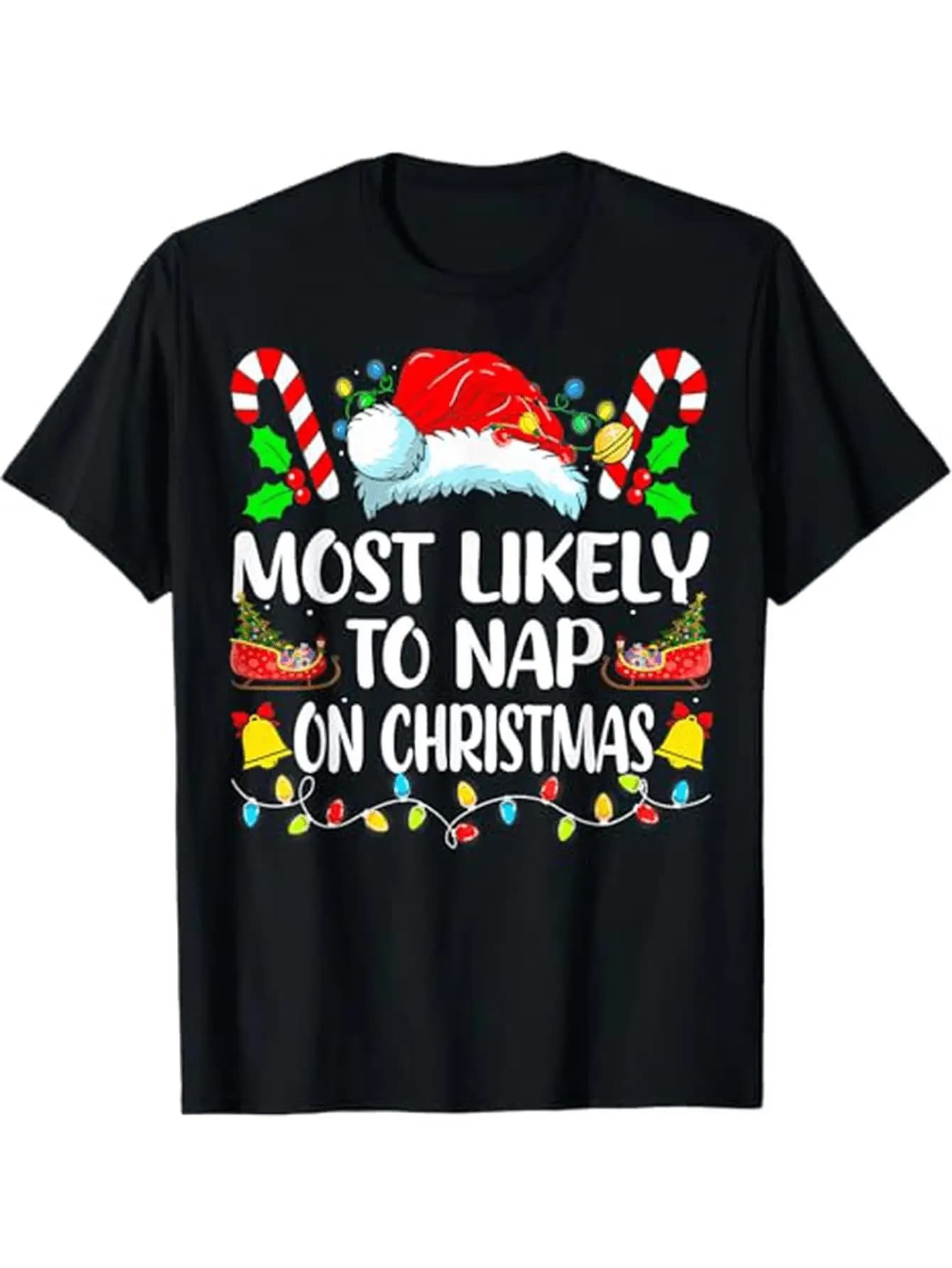 Funny Men's Black Graphic T-Shirt Santa Hat Candy Cane Bell Light String Funny Holiday Nap Slogan Vintage Print 100% Cotton Heavyweight Short Sleeve Casual Streetwear Tee