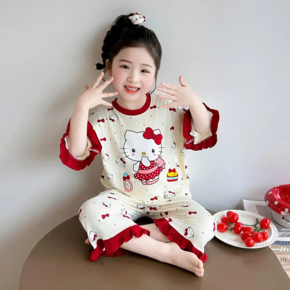 Set di 2 Pezzi Sanrio per Bambine, Pigiami Hello Kitty in Modal e Pizzo, Nuova Collezione Estate 2026