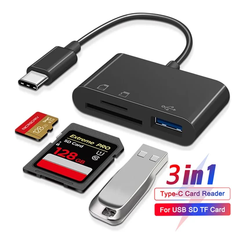 Adattatore 3 in 1 da USB-C a Micro USB con lettore di schede di memoria TF, CF, SD, compatibile con Macbook, Huawei, Samsung, Xiaomi, OTG Writer, Compact Flash