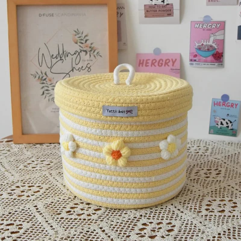 Cotton Thread Woven Storage Basket Cute Cartoon Design Covered Home Use Basket for Women Versatile Organizer for Various Items