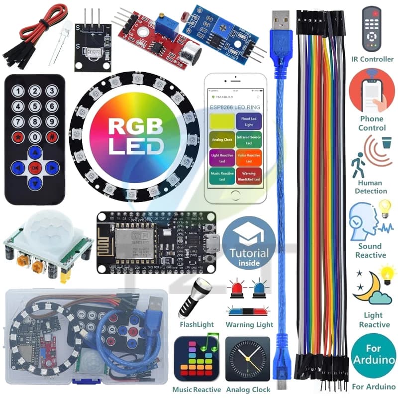 Kit Starter TZT per Arduino con ESP8266, Striscia LED RGB 24 Bit WS2812B Reattiva al Suono/Musica, Rilevamento/Avviso, Orologio Analogico