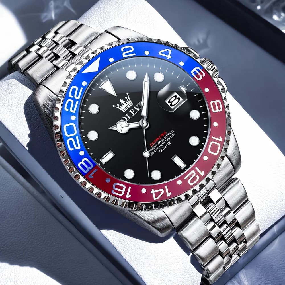 OLEVS 3-color Dial Men's Watches Waterproof Luminous Stainless Steel Dual Calendar Business Quartz Watch for Man