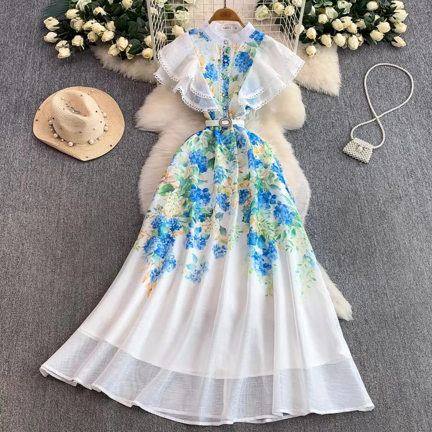 Elegante Abito Estivo da Festa per Donna, Vestito Lungo a Vita Alta con Stampa, Collo Alto, Maniche Volanti, Linea A, Vestidos