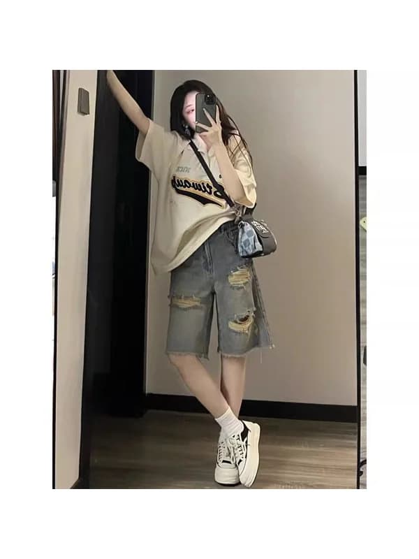 High Waist plus Size Denim Shorts Women's Summer Thin Five-Point Pants High Street Style Broken Hole Wide Leg Jeans