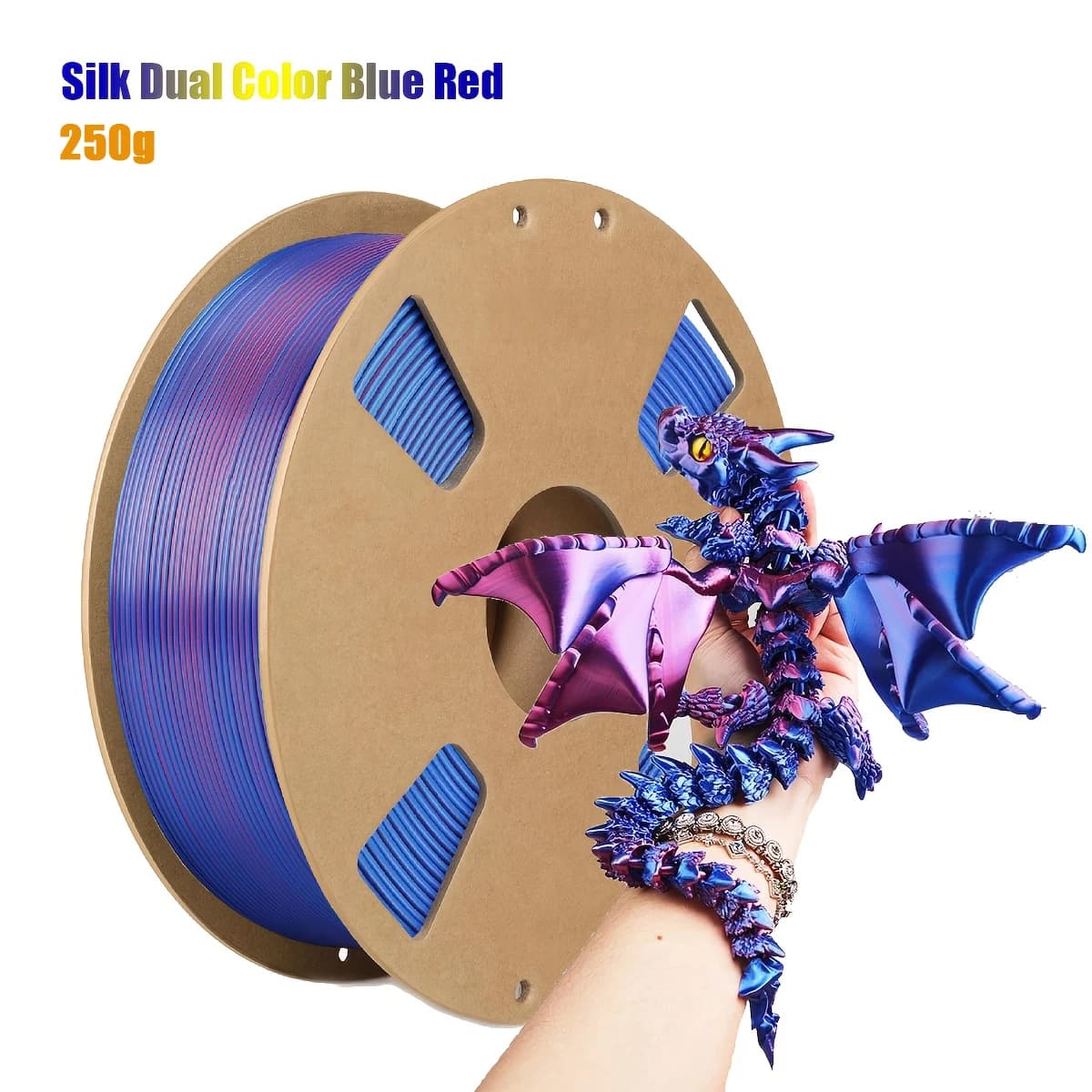 Filamento PLA bicolore effetto seta, 1,75 mm, precisione ±0,02 mm, bobina da 200g/250g/500g/1000g, lucido e liscio, sfumato blu-rosso