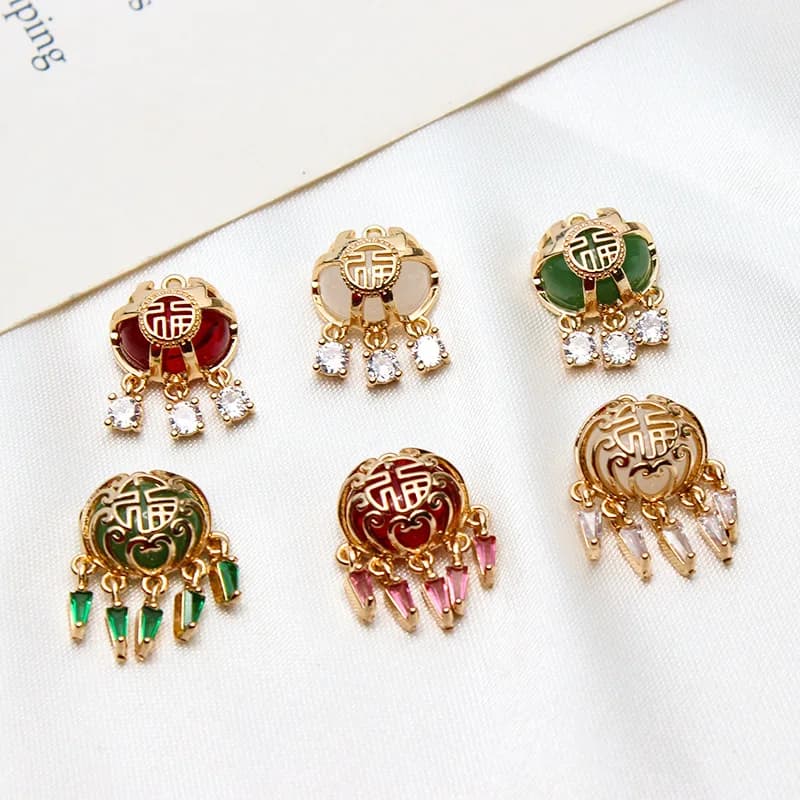 1pcs Diy Accessories Ancient Style Inlaid Zircon Blessing Word Copper Lock Gold-plate Pendant Earring Materials Handmade Charms