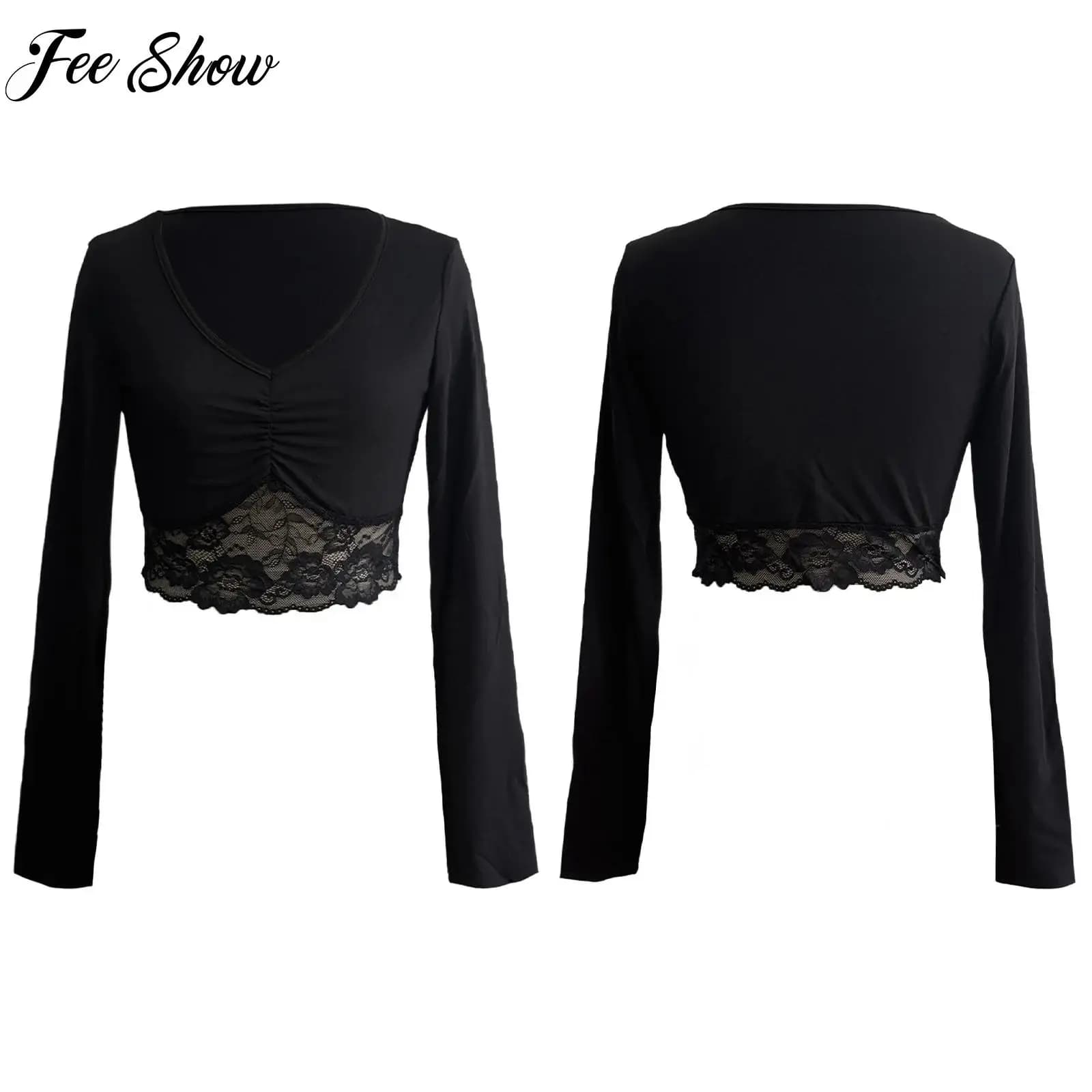 Clothing Fitness Woman: Top Corto con Orlo in Pizzo, V-neck Arricciato, Long sleeves, for Disco, Dancing, Yoga, Sport, Training, Streetwear