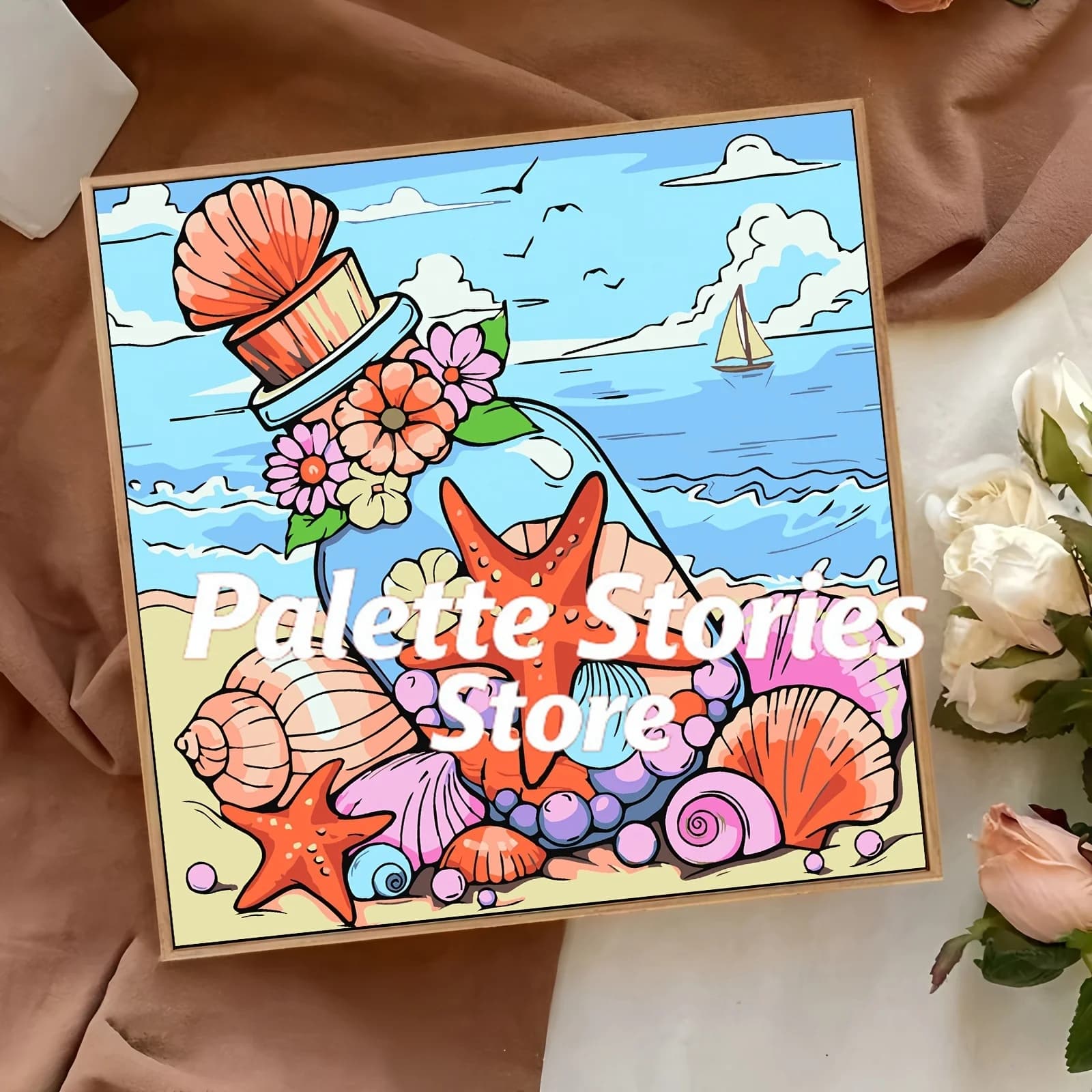 Fai-da-Te Kit for Frameless Digital Oil Painting - Ocean Theme Bottle with Shells and Flowers, Includes Complete Set of Tools, Ac