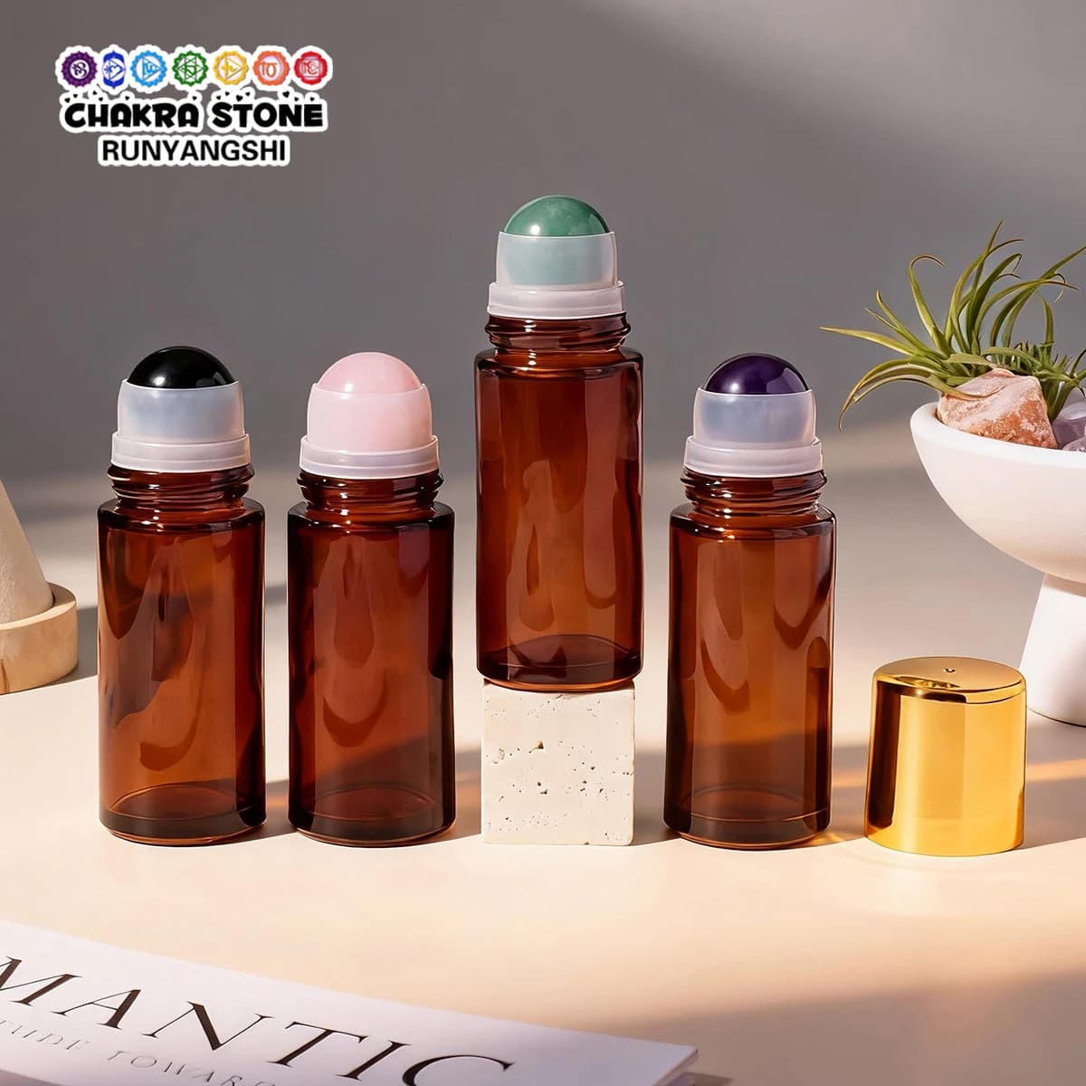 Set di 5 Bottiglie Roll-on in Cristallo Naturale, Flaconi Ricaricabili per Oli Essenziali, Bottiglie Ambrate Opache, Flaconi da Viaggio, Regalo Festivo