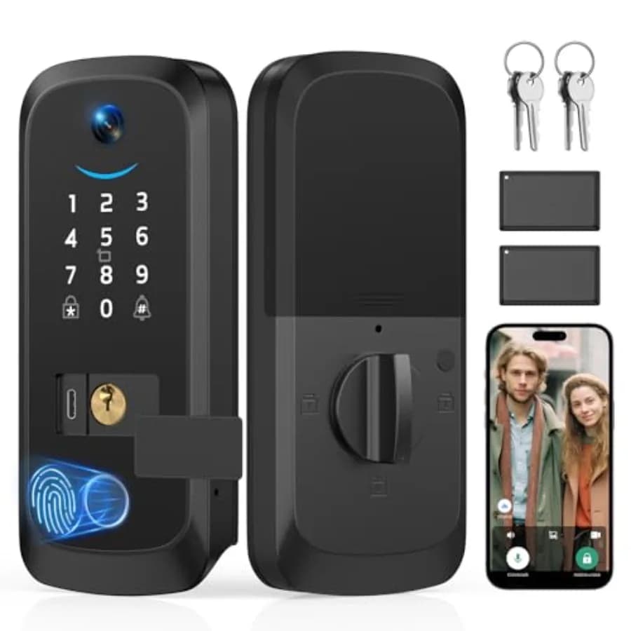 Serratura Intelligente per Porta d'Ingresso con Telecamera Integrata, Batteria Ricaricabile, Impronta Digitale, Scheda IC, Tastiera, Controllo App, Chiusura Automatica, Nera