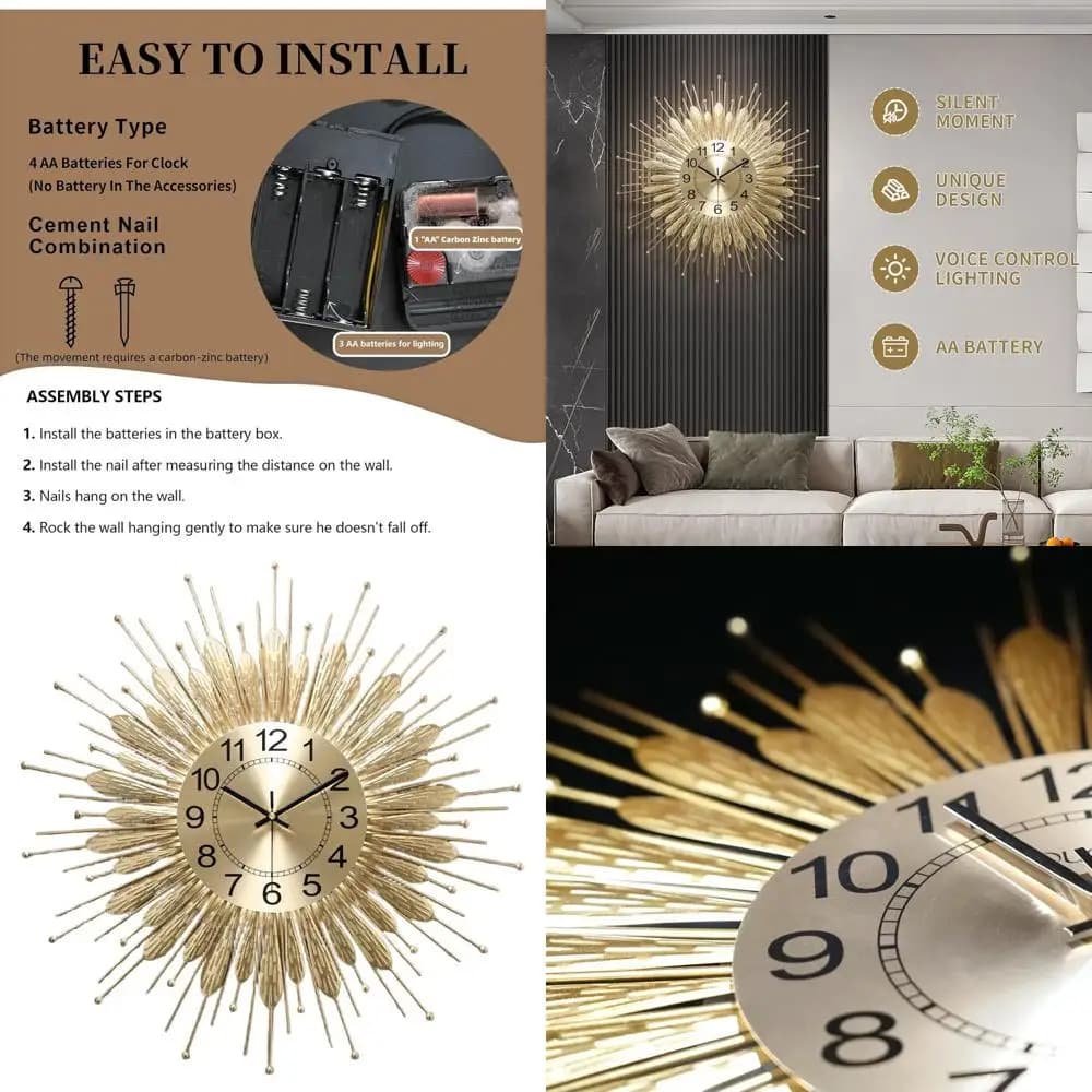 Metal Wall Clock Golden Style Mid-Century Modern Battery, 27 Inch, for Home and Office Furniture