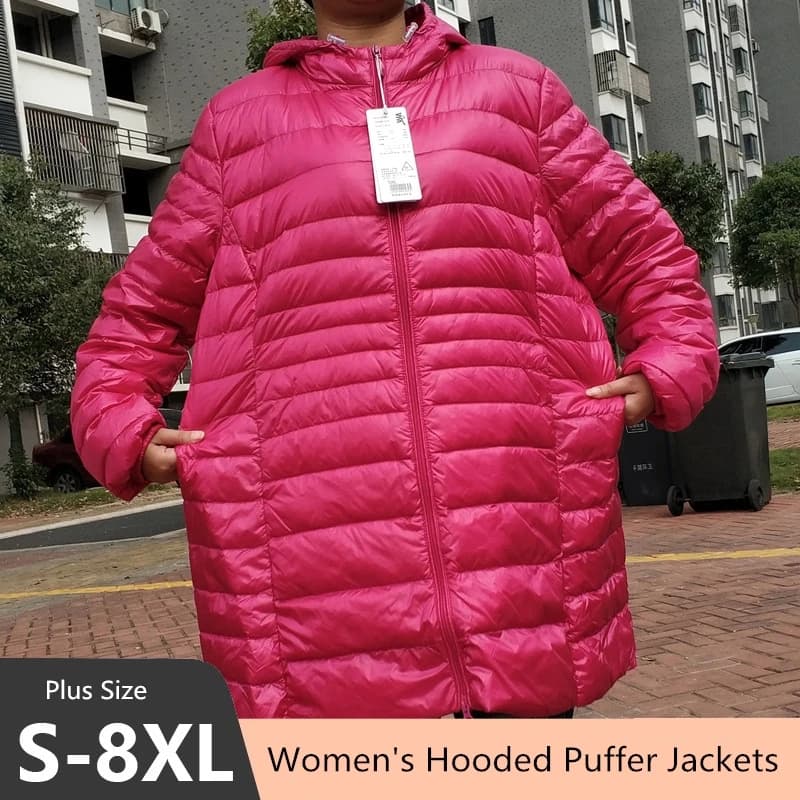 Plus Size 5XL 6XL 7XL Piumini con cappuccio da donna 2023 Nuovi arrivi femminile Ultra leggero ripiegabile caldo Slim Fit piumino