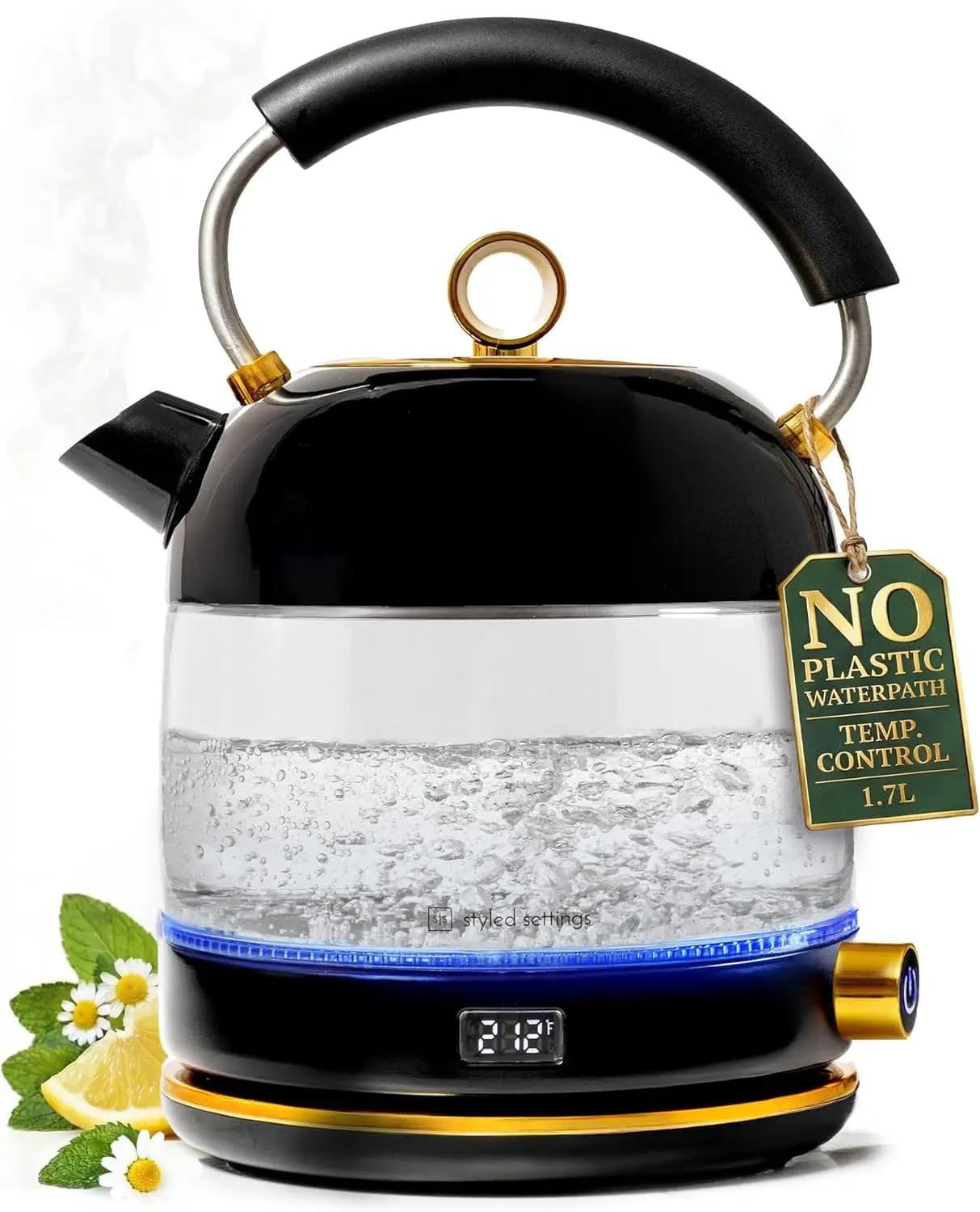 Electric Kettle, Glass & Stainless Steel, 1500W Fast Boil, Auto Shut-Off & Keep Warm, Black & Gold, No Plastic