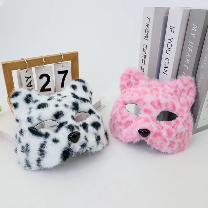 Maschera da gatto pelosa a mezza faccia con stampa leopardata, maschera da volpe per feste in maschera, cosplay, accessorio per costume di Halloween
