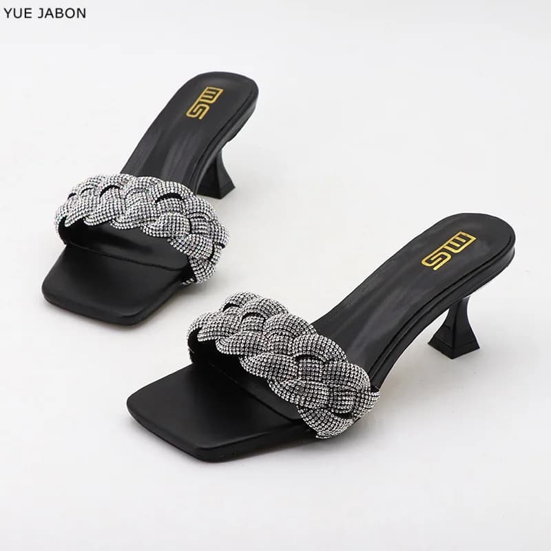 Black Summer women's shoes square toe open toe silver braid crystal slippers fashionable high heels Women Designer Sandals