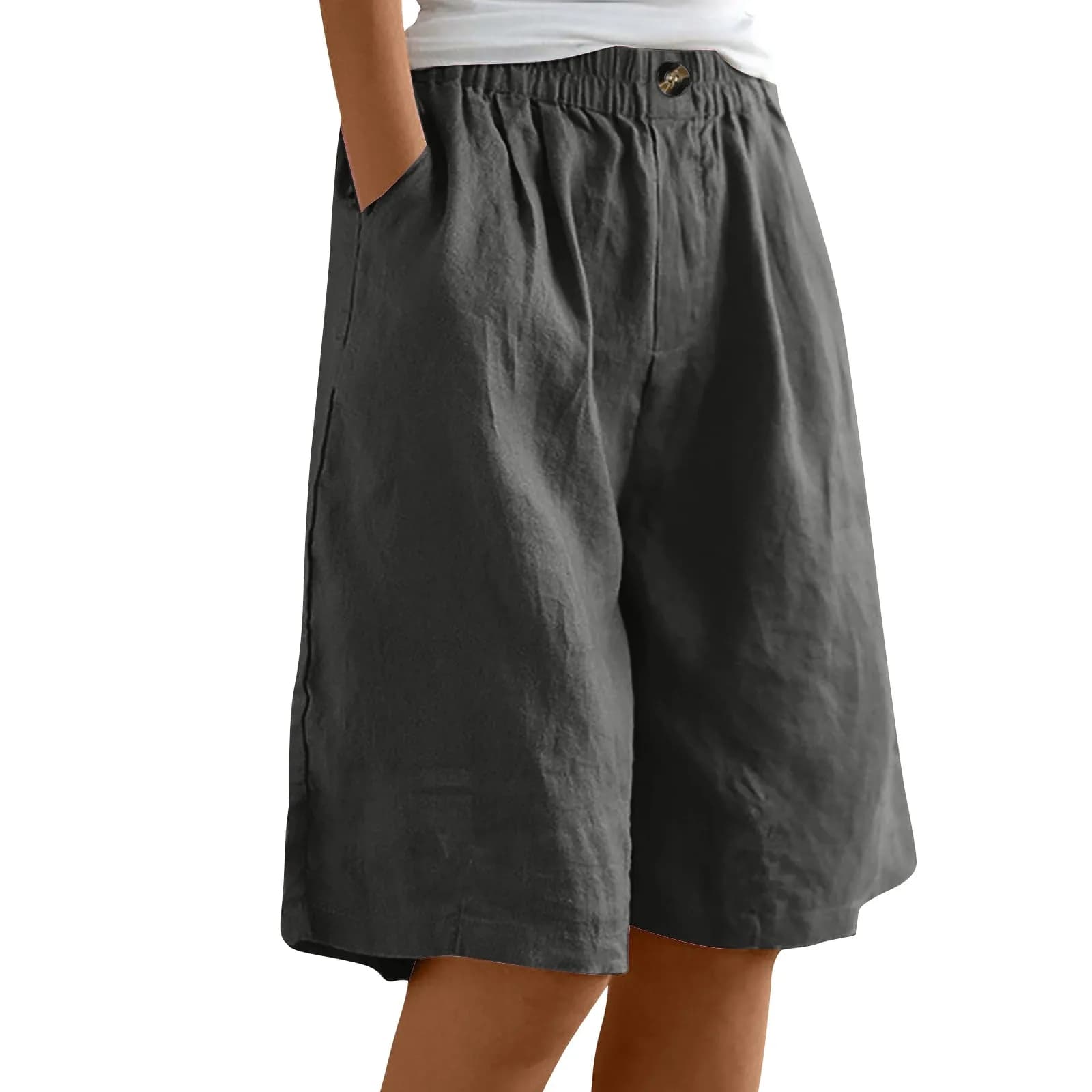 Moda femminile tinta unita elastico a vita alta tasca abbottonata pantaloncini larghi in cotone e lino a cinque lunghezza pantaloni estivi morbidi e confortevoli