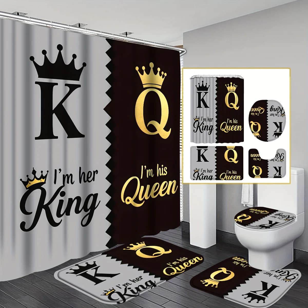 4-Piece Modern Shower Curtain Set with King & Queen Design – Includes Shower Curtain, 12 Matching Hooks, Non-Slip Bath Rug, U-Shaped Toilet Mat, and Toilet Lid Cover – Stylish Bathroom Decor for Everyday Use