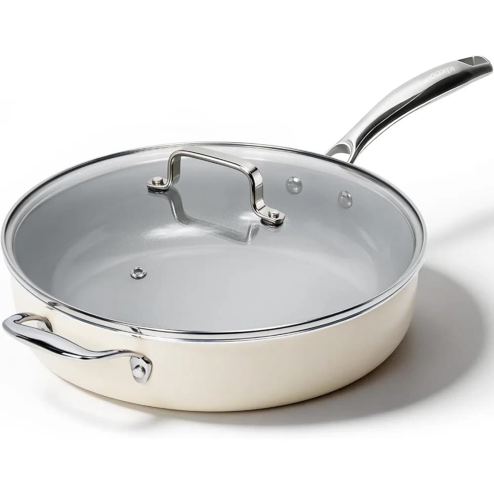 Padella Antiaderente Profonda da 12 Pollici con Coperchio, 5 QT, Manico Isolato, Adatta per Induzione, Forno e Lavastoviglie, Senza PFAS