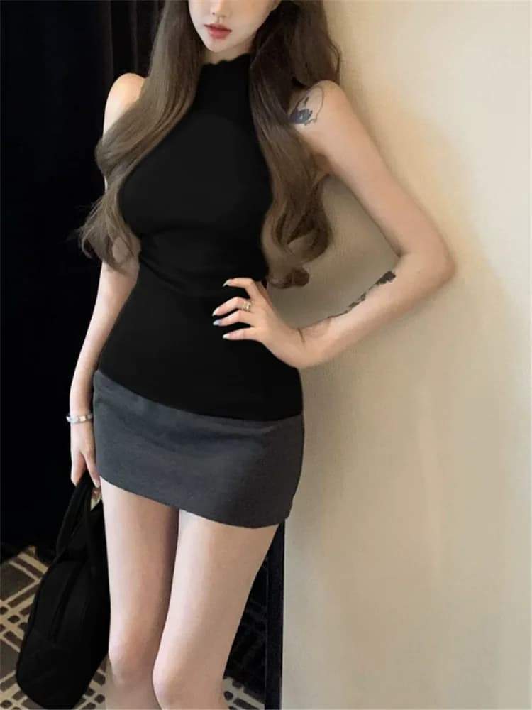 Elegant Work Women Matching Two Pieces Dress Suits 2pcs Sleveeless Half High Neck Knitted Tank Top&High Waist Pencil Skirt Sets