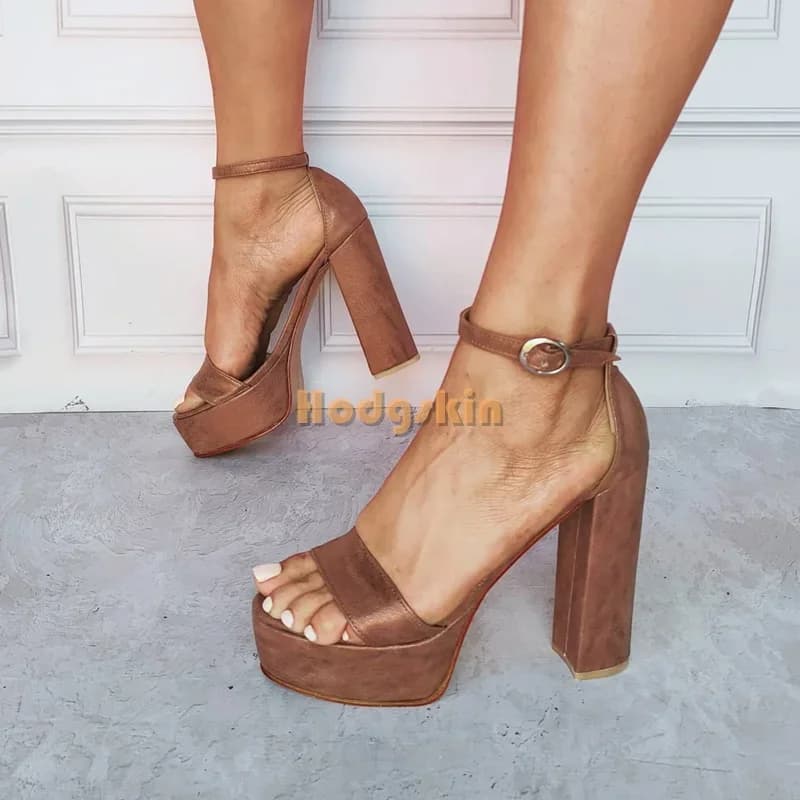Ankle Straps with Buckle Sandals with Big Heel Sandals with Platform Round Solid Retro 2024 Women's Casual Elegant Shoes Brown