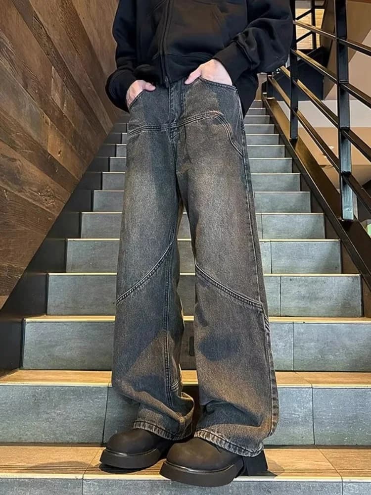 Jeans da Uomo Stile Americano High Street, Pantaloni a Gamba Dritta e Larga, Leggermente Svasati, Lunghezza al Piede, Primavera-Autunno