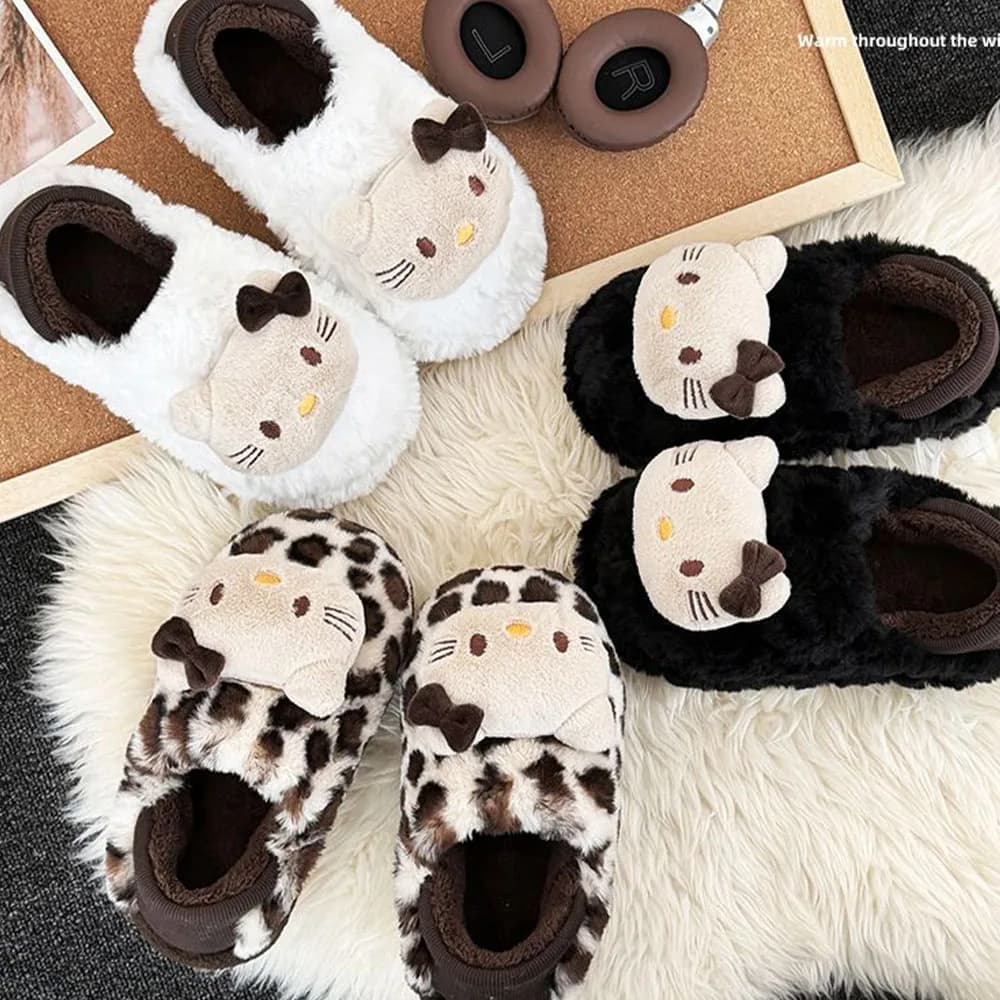 Hello Kitty Women's Winter Slippers Anti Slip Warm Home Shoes Cute Cartoon Soft Thick Bottom Leopard Pattern Cotton Slippers