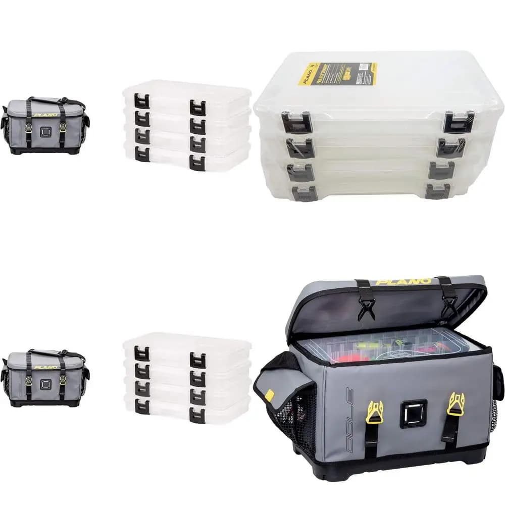3700 fishing bag, gray PVC fabric, waterproof and non-slip base, includes 23 storage boxes, folding storage system