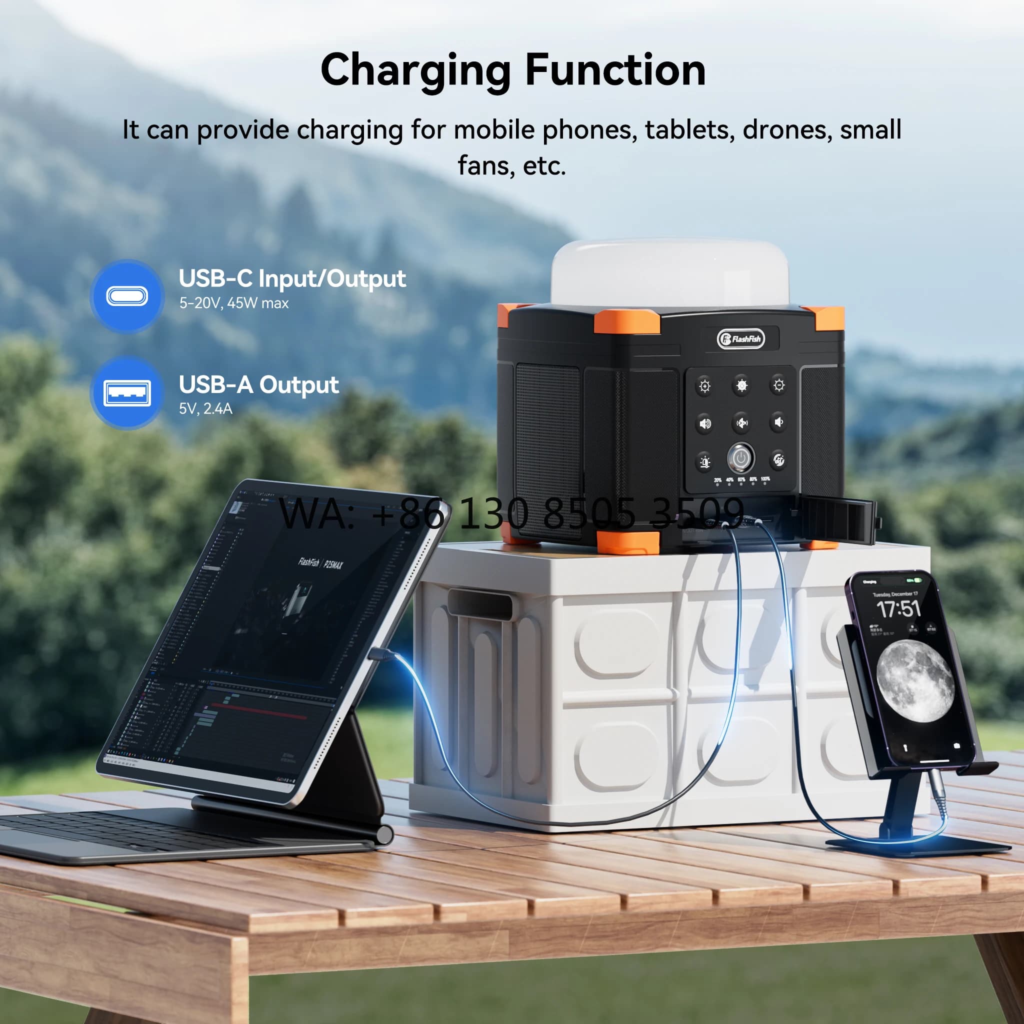 Power Bank Portatile ad Alta Potenza con Luci Solari da Campeggio, Lanterna LED Ricaricabile, Stazione di Alimentazione 15600mAh con Altoparlante Musicale